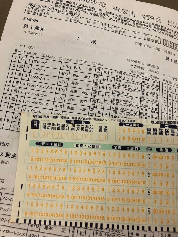 北海道在地作者2018年在帶廣ばんえい初次觀賽時拍攝的出馬表與投票紙